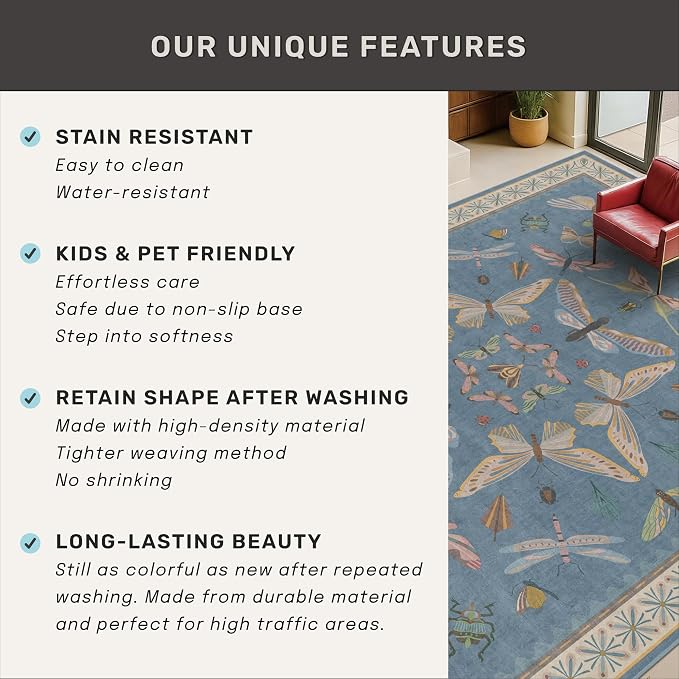 2x7 Washable Bedroom Runner Rug, Laundry Room & Hallway, Rubber Backed Insect - Image 7