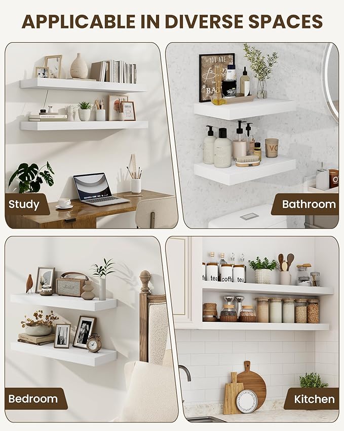 Marsmiles 6.7" Floating Shelves for Wall, Wooden Shelves with Invisible Brackets Set of 2, Rustic Farmhouse Wall Mounted Shelf for Kitchen Bathroom Living Room Study, White