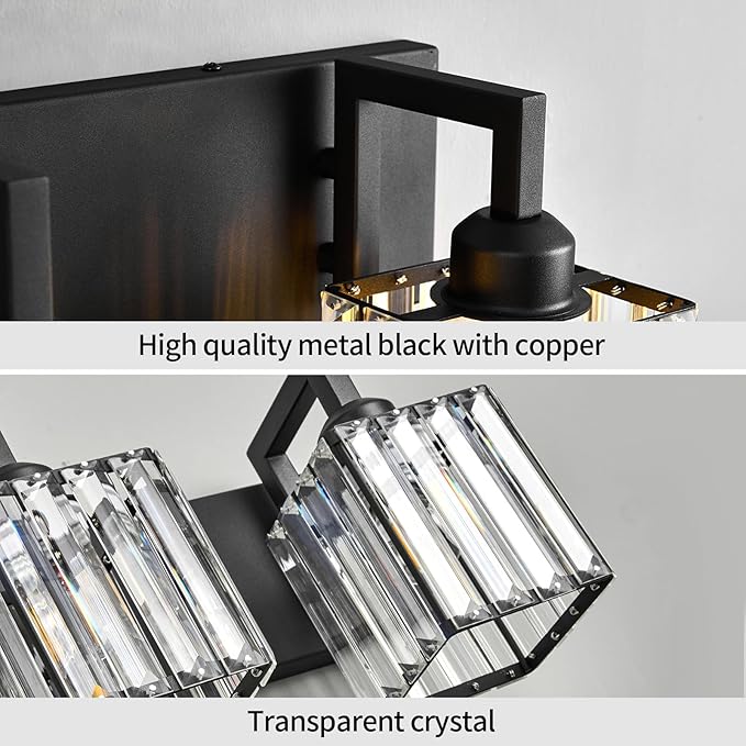 Modern Bathroom Vanity Light 2-Lights Black Crystal Bathroom Wall Light Vanity Light Fixtures