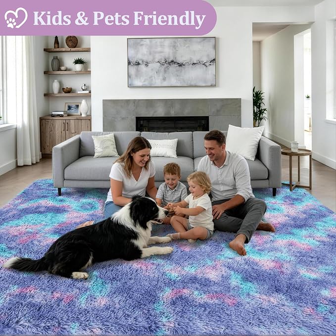 9x12 Area Rug Living Room Bedroom: Fluffy Plush Shag Carpet Rainbow - Image 4
