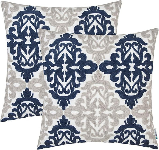 HWY 50 Navy Blue Decorative Throw Pillow Covers 18x18 Inch, Pack of 2 Embroidered Cotton Farmhouse Cushion Cover Pillow Case for Sofa Couch Living Room Bed Bedroon, Accent Geometric