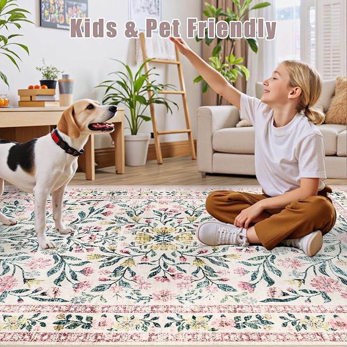PLHXFR 2.6x14 Washable Runner Rug：Floral Indoor Kitchen Carpet Pink Green | - Image 6