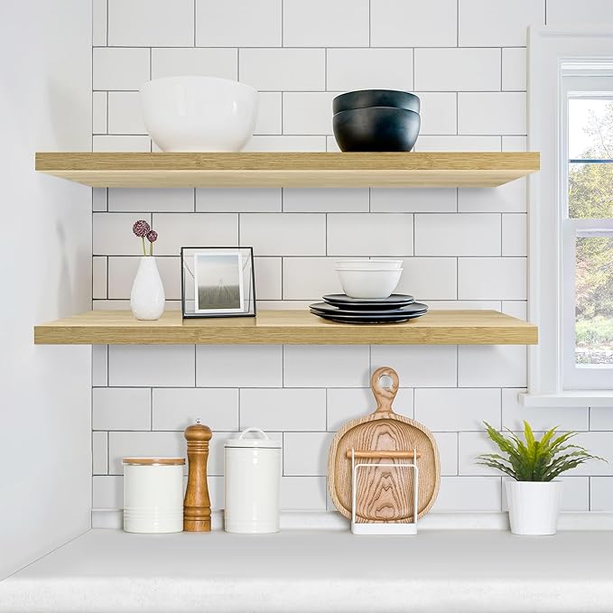 Sorbus Floating Shelves for Wall - 35 Inch Long Bathroom Shelves, Wall Decor for Bedroom, Kitchen, Living Room & Book Storage - Mounted Floating Shelf with Invisible Brackets (Maple Wood, 2 Pack)