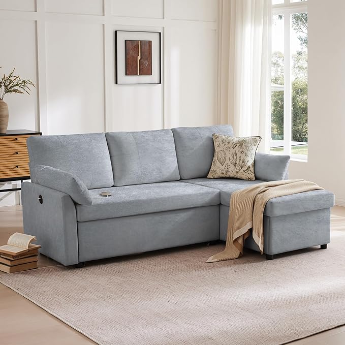 Waxberry Sectional Sofa Couch, Pull Out Couch Sleeper Sofa Bed with Storage for Living Room, Reversible Chaise, Side Pockets & Dual USB/Type-C Ports, Includes 1 Blanket, Grey