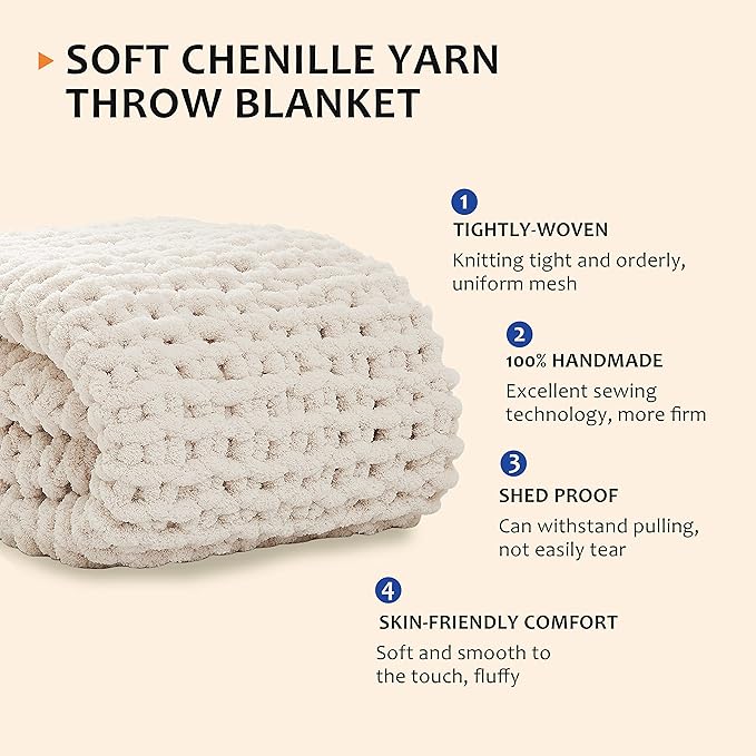 L'AGRATY Chunky Knit Blanket - Soft Chenille Yarn Throws 40x50: Handmade Thick Cable Crochet Blanket - Large Chunky Yarn Rope Knot Throw for Couch, Sofa, Bed Home Decor