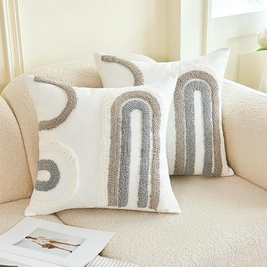 HOdo Home 18x18 Throw Pillow Covers, 2PCS Tufted Boho Jacquard Pillow Covers,Farmhouse Decorative Pillow Cover,Pillow Cases for Couch Sofa Bed Stylish Decor, Simple Textured Cushion Sham