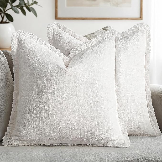 MIULEE Boho Linen Fringe Decorative Throw Pillow Covers White 20x20 | Set of 2 by MIULEE