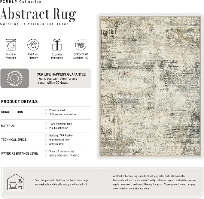 6x9 Area Rug Living Room: Modern Washable Soft Carpet Ash Brown | - Image 2