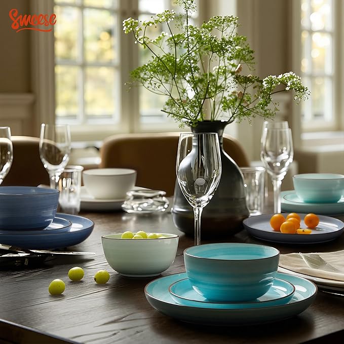 Sweese Plates and Bowls Sets, 18 Piece Dinnerware Set Porcelain Round Dinner Set for 6, Scratch Resistant Dishes Set, Dishwasher and Oven Microwave Safe Handpainted Swirl Dishware Sets, Assorted Blue