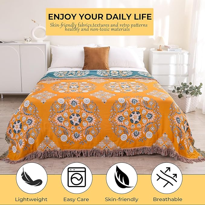 Boho Throw Blanket for Bed,100% Cotton Ultra Soft Lightweight Muslin 4-Layer Breathable Woven Throws 90''x 98'' Blanket Yellow Floral Printed Farmhouse Decor Bed Blankets