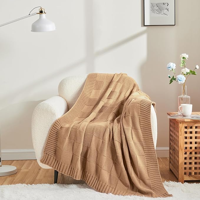 CozeCube Check Knit Throw Blanket, Beige Checkered Throw for Couch, Decorative Christmas Soft Cozy Warm Knitted Blanket for Bed Sofa Living Room, 60"X80"