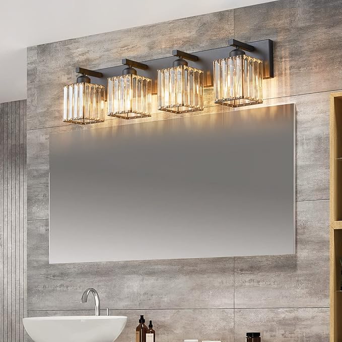 Modern 4-Light Black Crystal Bathroom Vanity Light Fixtures