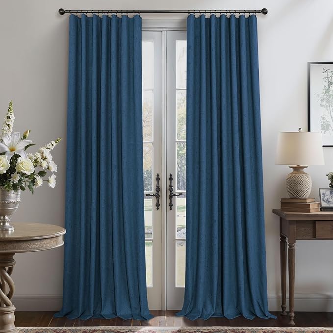 Navy Blue Curtains 108 Inches Long 2 Panel Faux Linen Nautical Modern Farmhouse - Image 7