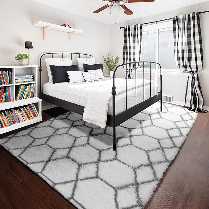 5x7 Area Rugs for Living Room Bedroom, Fluffy White and Grey Geometric Rug | - Image 6