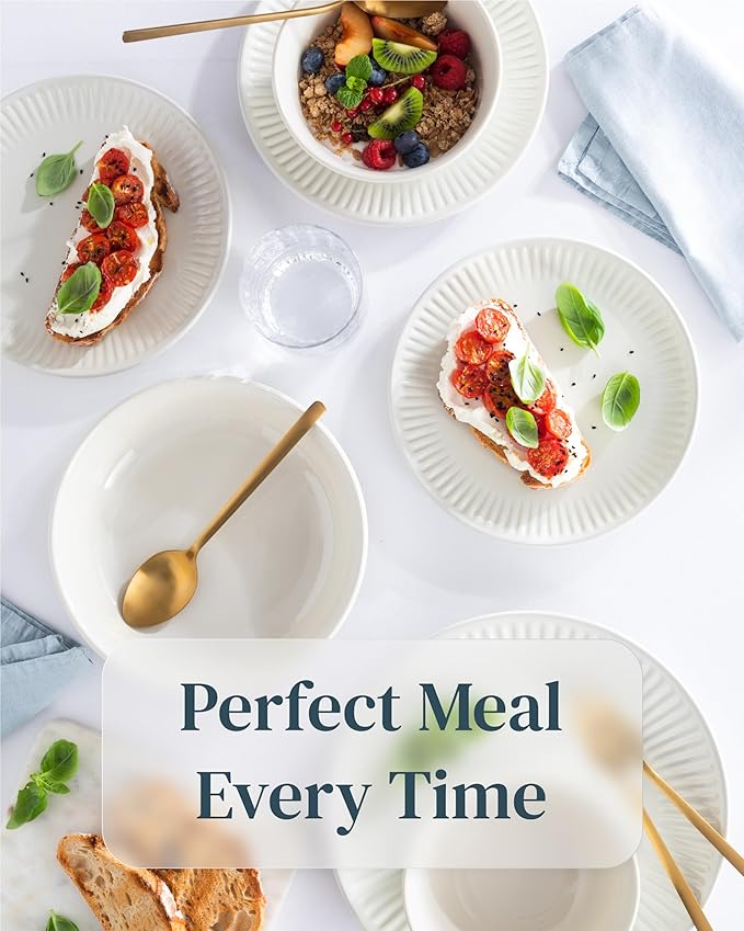 Stoneware Dinnerware Set for 8 People HYGGE 32-Piece - Elegant Scandi Design - Premium Dish Set - Bowl and Plate Set - Tableware for 8 People in a Ribbed Design - Pure Living in Beige