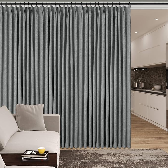 Mid Grey Pinch Pleat 100% Blackout Drapes Linen Blend, Room Divider, Room Darkening, Energy Saving, Furniture Protecting, Light Blocking Extra Wide Privacy Curtains, 240Wx84L, 1 PC