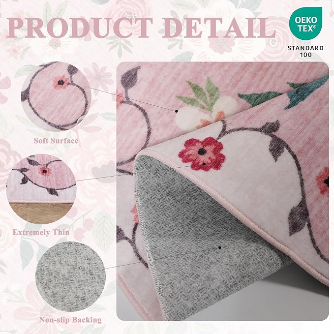 DUKINO 4ft Round Rug, Floral Washable Small Round Area Rug Non Slip, Low Pile - Image 4