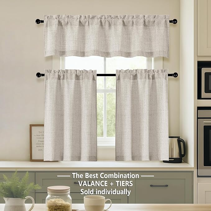 OVZME Valance for Windows, Light Filtering Faux Linen Textured Small Cafe - Image 2