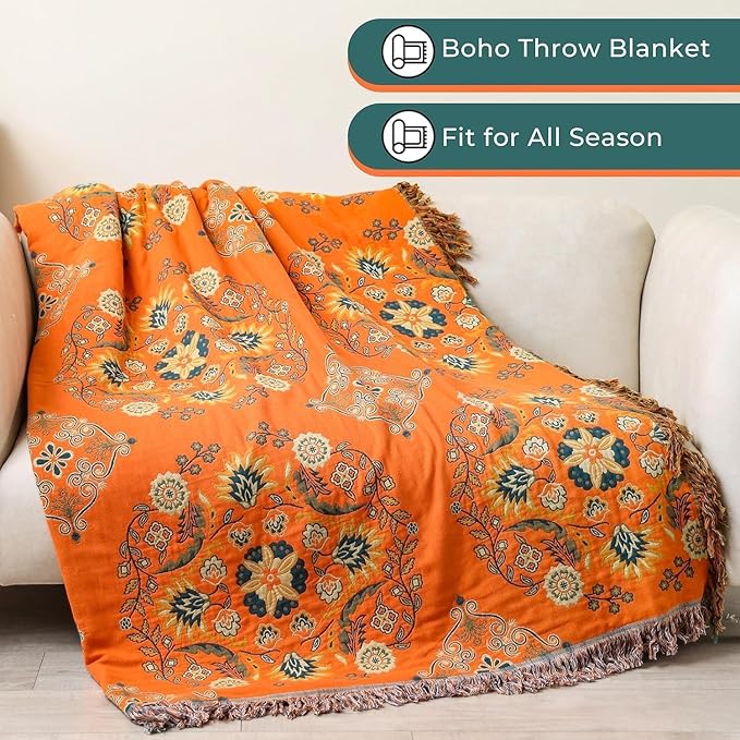 Throw Blanket for Couch Bed Chair,100% Cotton Soft Lightweight Blanket Rustic Quilt -Orange Floral Printed Farmhouse Decor Bed All Season Blankets,80"×90"