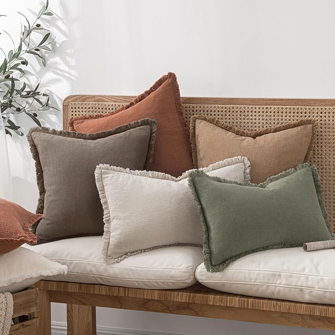 MIULEE Boho Linen Fringe Decorative Fall Throw Pillow Covers Coffee 18x18 | Set - Image 7