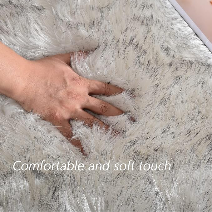 Latepis White and Grey Tips Faux Fur 4'x5'10" Area Rug, Soft Plush Faux Fur - Image 4
