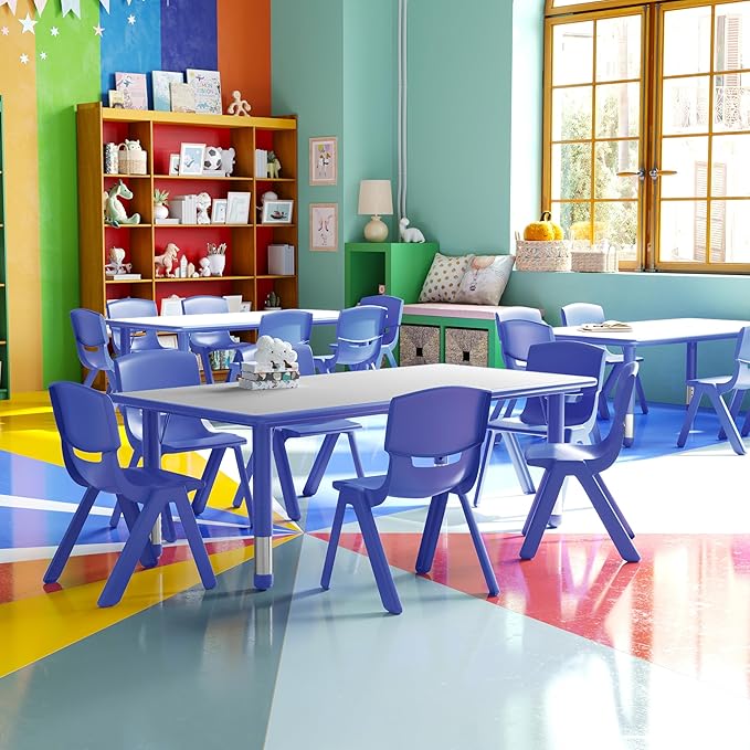 EMMA + OLIVER 23.625" W x 47.25" L Blue Plastic Activity Table Set-6 Chairs