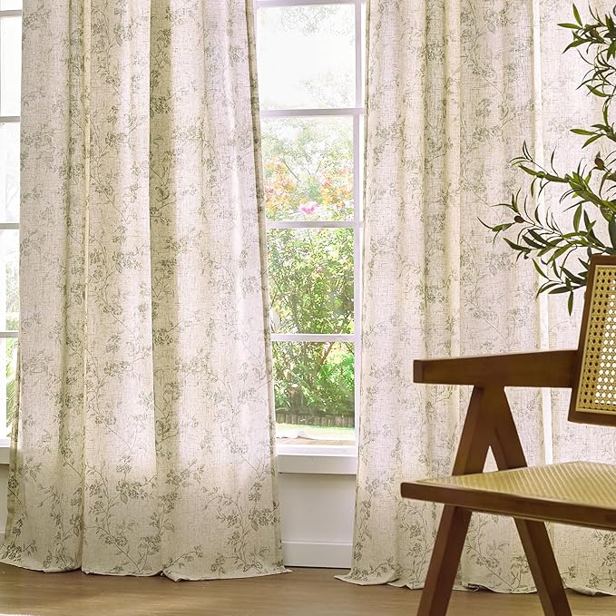 Lazzzy Green Floral Linen Curtains 90 Inch Farmhouse Back Tab Drapes - Image 9