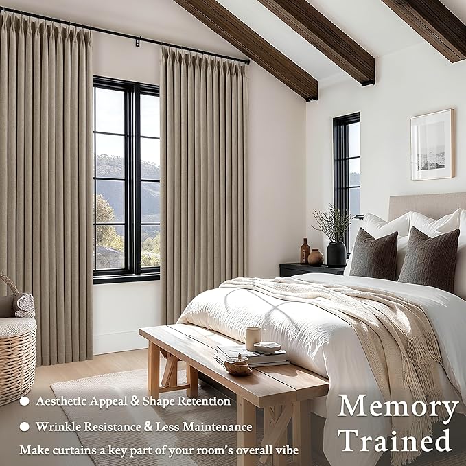 Deep Flax Pinch Pleated Blackout 102 Inch Bedroom Curtains Dual Layer | - Image 6