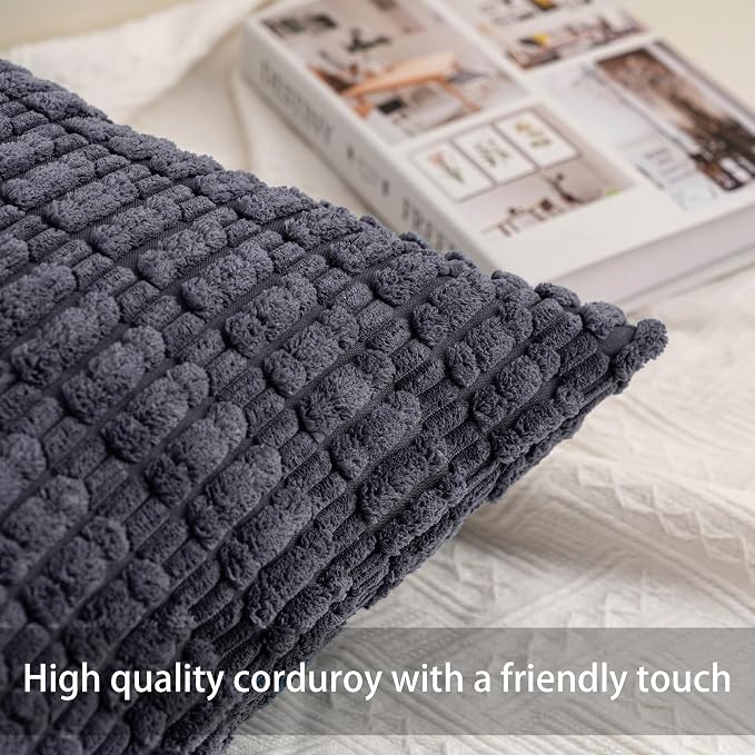 Pack of 2 Corduroy Decorative Throw Pillow Covers 24x24 Inch, Dark Grey | Fall - Image 2