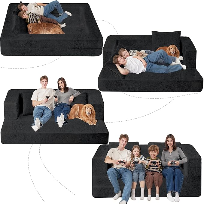 Folding Bean Bag Chair for Adults,3-in-1 Bean Bag Couch Faux Fur Floor Sofa Large Beanbag Convertible Bean Bag Sofa Bed with Pillow in Bedroom,Living Room,Apartment(Queen,Black)