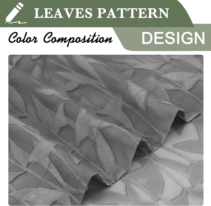 Lecloud Leia Charcoal Grey Sheer Kitchen Curtains 24 Inch 2 Pcs, Jacquard Leaf - Image 8