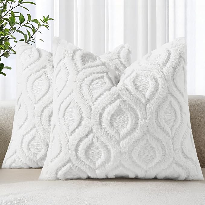 decorUhome Throw Pillow Covers 22x22 Inch Set of 2, Soft Plush Faux Wool White by decorUhome