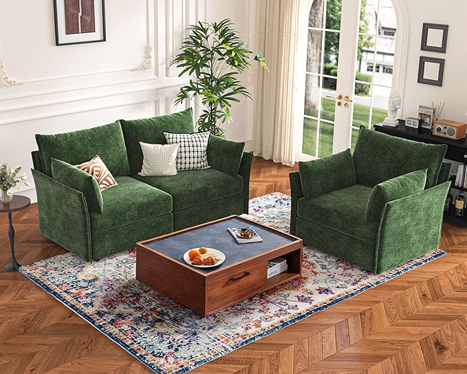 134.6" Modular Sectional Sofa, Oversized 4 Seater Green Couch with Removable Chenille Fabric Cover, Deep Seat & High Backrest for Living Room, Office & Apartment