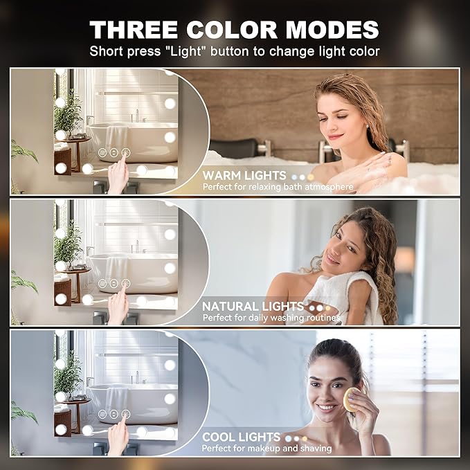 Hasipu LED Bathroom Mirror with Lights, 84" x 40" Hollywood Wall-Mounted Bathroom Mirror with 34 Dimmable Bulbs, 3 Colors Modes, Touch Control, Anti-Fog, Memory Function, Shatter-Proof, ETL Listed