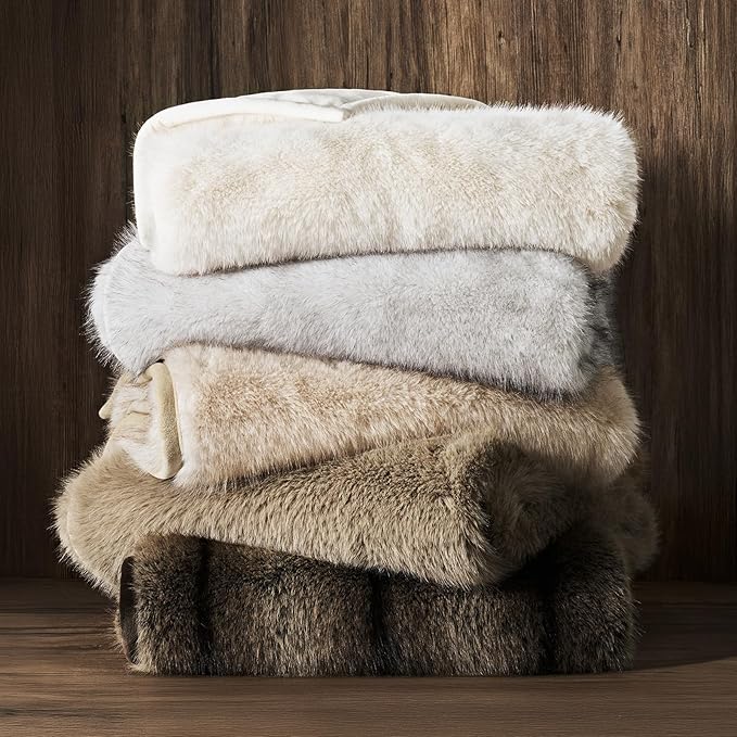 Luxury Faux Fur Throw Blanket, Soft Fluffy Faux Mink Blankets for Bed, Couch, Sofa, Thick Cozy Plush Warm Fur Throws with Reversible Velvet, Ivory Mink, 50"x60"