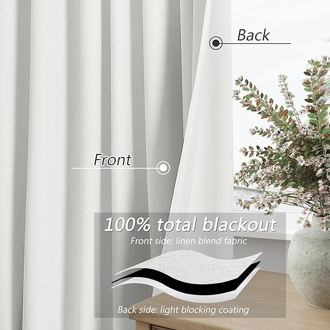 White 100% Blackout Linen Curtains 52 Inch Wide by 88 Inch - Image 3