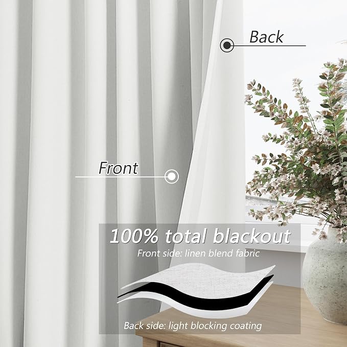 White 100% Blackout Linen Curtains 100 Inch Length 2 Panels Set - Image 3