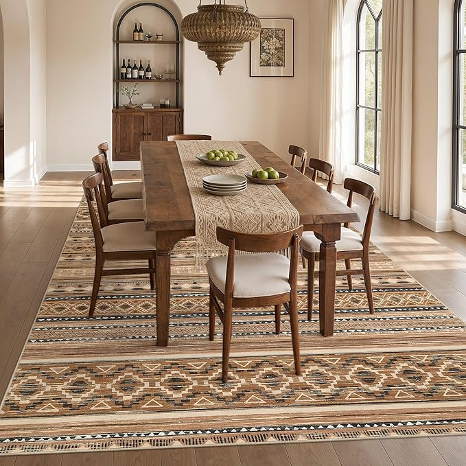 cotiled 10x12 Area Rugs Washable Boho Living Room Rug Brown/Beige | Stain - Image 7