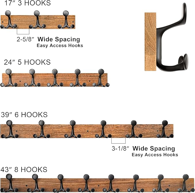 SKOLOO 43-Inch Light Brown Wood Coat Rack Wall Mount with 8 Triple Hooks - Ideal for Family Entrances, Classrooms, and Pet Supplies Storage - Perfect Coat Hooks for Wall
