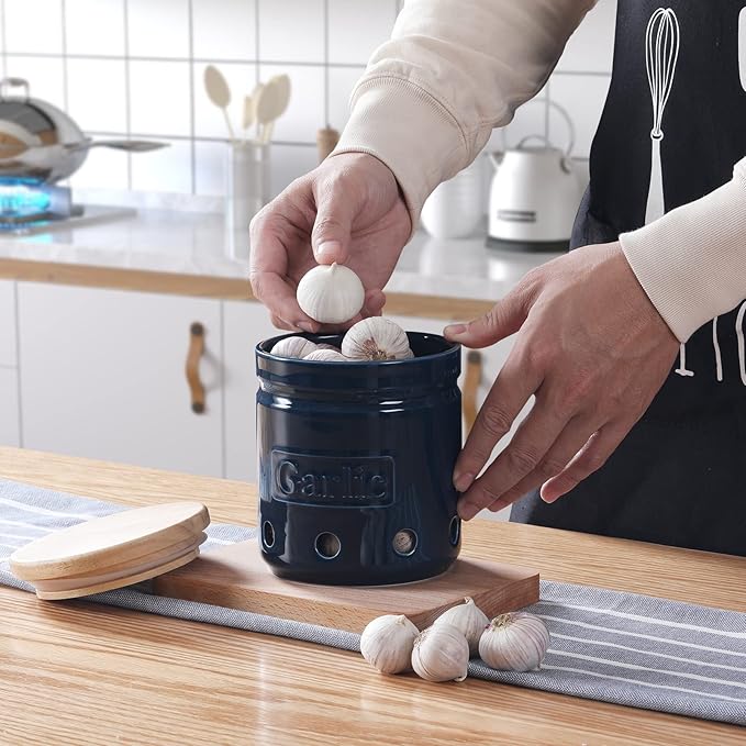 Large Garlic Keeper with Wooden Lid, Ceramic Garlic Holder Storage, Garlic Container for Kitchen, Garlic Saver to Keep Your Garlic Cloves Fresh Longer 4.5-Inch, Navy