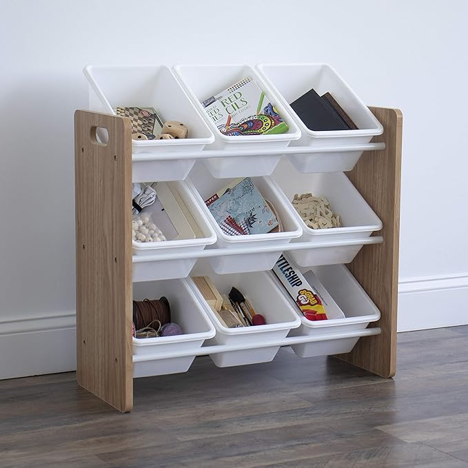 Humble Crew 9-Bin Toy Organizer – Journey Natural Wood with White Plastic Bins, 3-Tier Storage Solution for Kids' Playrooms and Nurseries