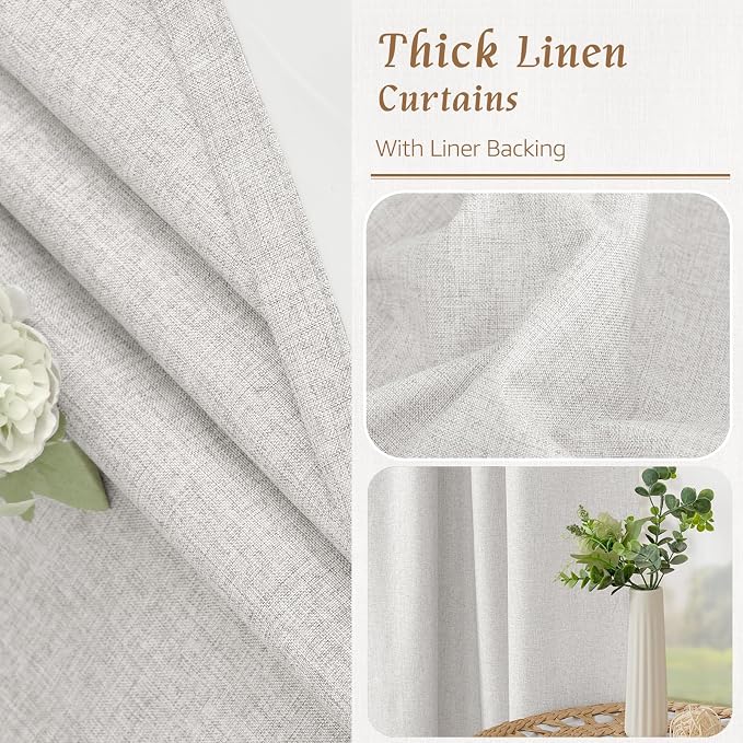 68 Inch 100% Blackout Natural Linen Curtains 2 Panels, Light Grey | Room - Image 7