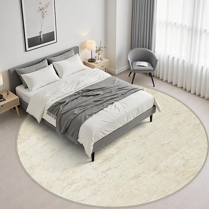 Round Area Rug Living Room: 4 ft Modern Washable Carpet Taupe | - Image 5