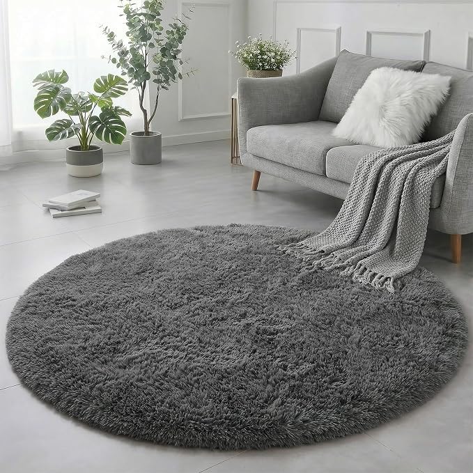 Amdrebio Grey Round Rugs 6Ft for Bedroom Living Room Decor, Fluffy Shaggy by Amdrebio