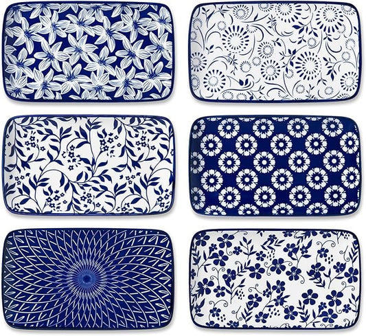 vancasso Selene 8.5 Inch Rectangular Salad Plates Set of 6, Ceramic Salad Plates for Sushi, Dessert, Appetizer, Porcelain Platters for Kitchen Decor, Microwave & Oven Safe, Vintage Blue & White Color