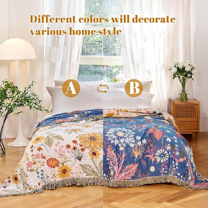 MSGKV Boho Throw Blanket for Bed 60"x80" Cotton Floral Twin Size Blanket - Image 4