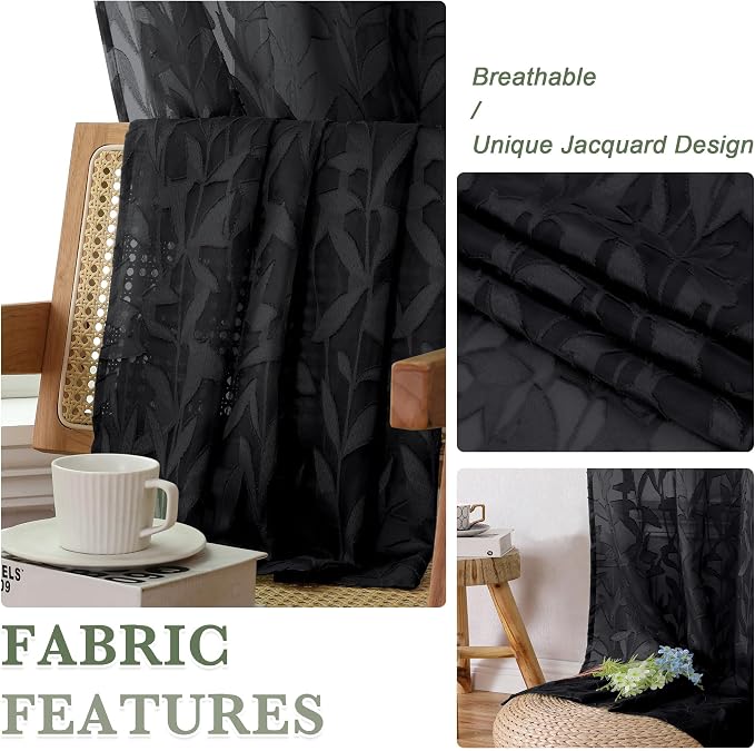 Lecloud Leia Black Sheer Curtains 96 Inches Long 2 Panels, Airy Leaf Jacquard - Image 3