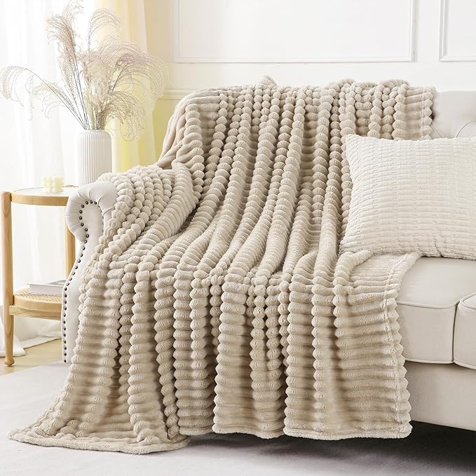 Khaki Throw Blanket for Couch Sofa 50x60 inches Striped Design | Fleece - Image 2