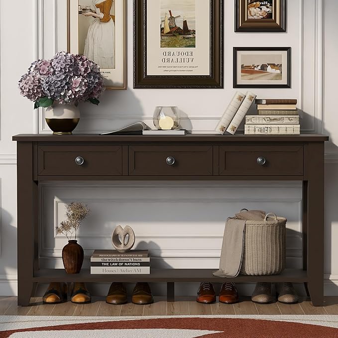 Farmhouse Modern Console Table 55.4-Inch Entryway Sofa Table with Drawers & Storage Shelf for Living Room Hallway Entrance, Dark Coffee