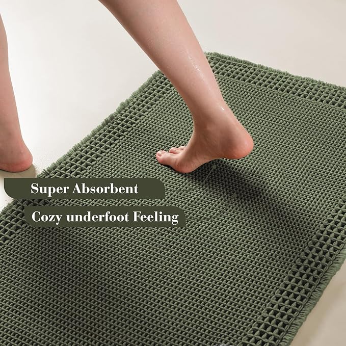 RESARE Waffle Bathroom Runner Rugs, Non Slip Boho Bath Mat 24"x72" Green | Long - Image 3